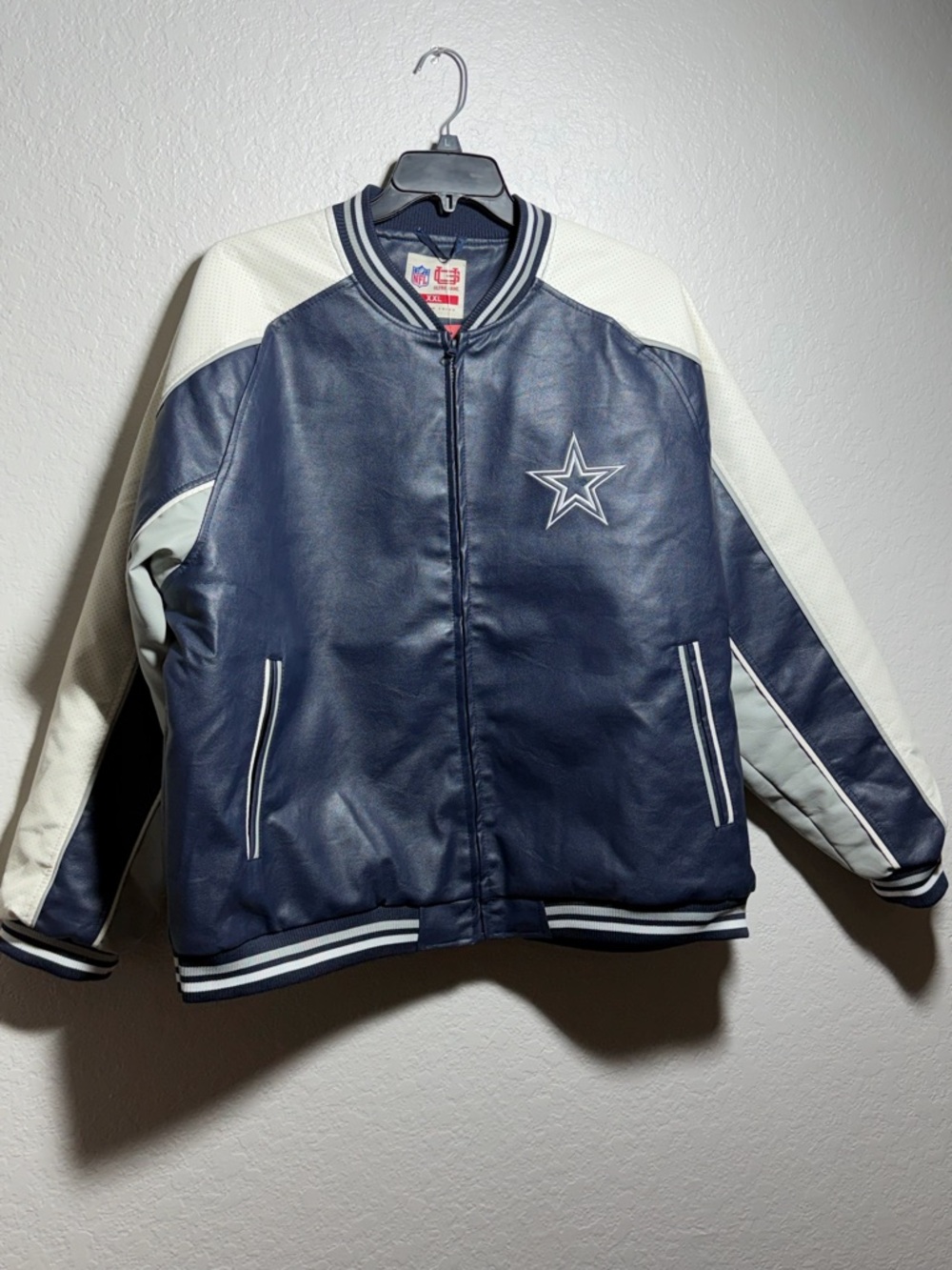 NFL Navy and White Leather Bomber Jacket